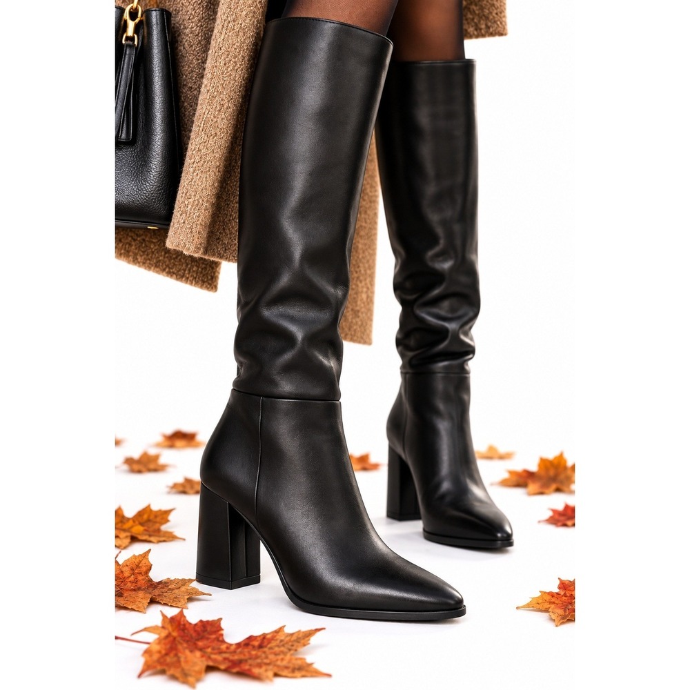 A New Day Evangeline Knee-High Boots Black Faux Leather Block Heel Size 11 NEW